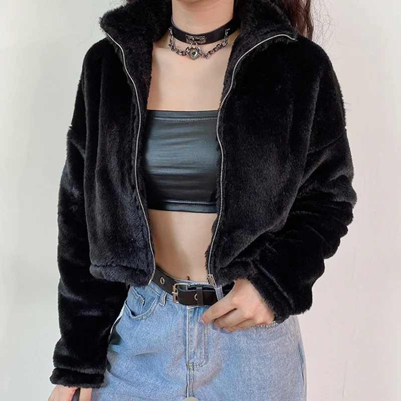 Women's Autumn and Winter Fashion Faux Fur All-match Nightclub Zipper Short Jacket Sexy Fur Coat Women Black Fur Coat