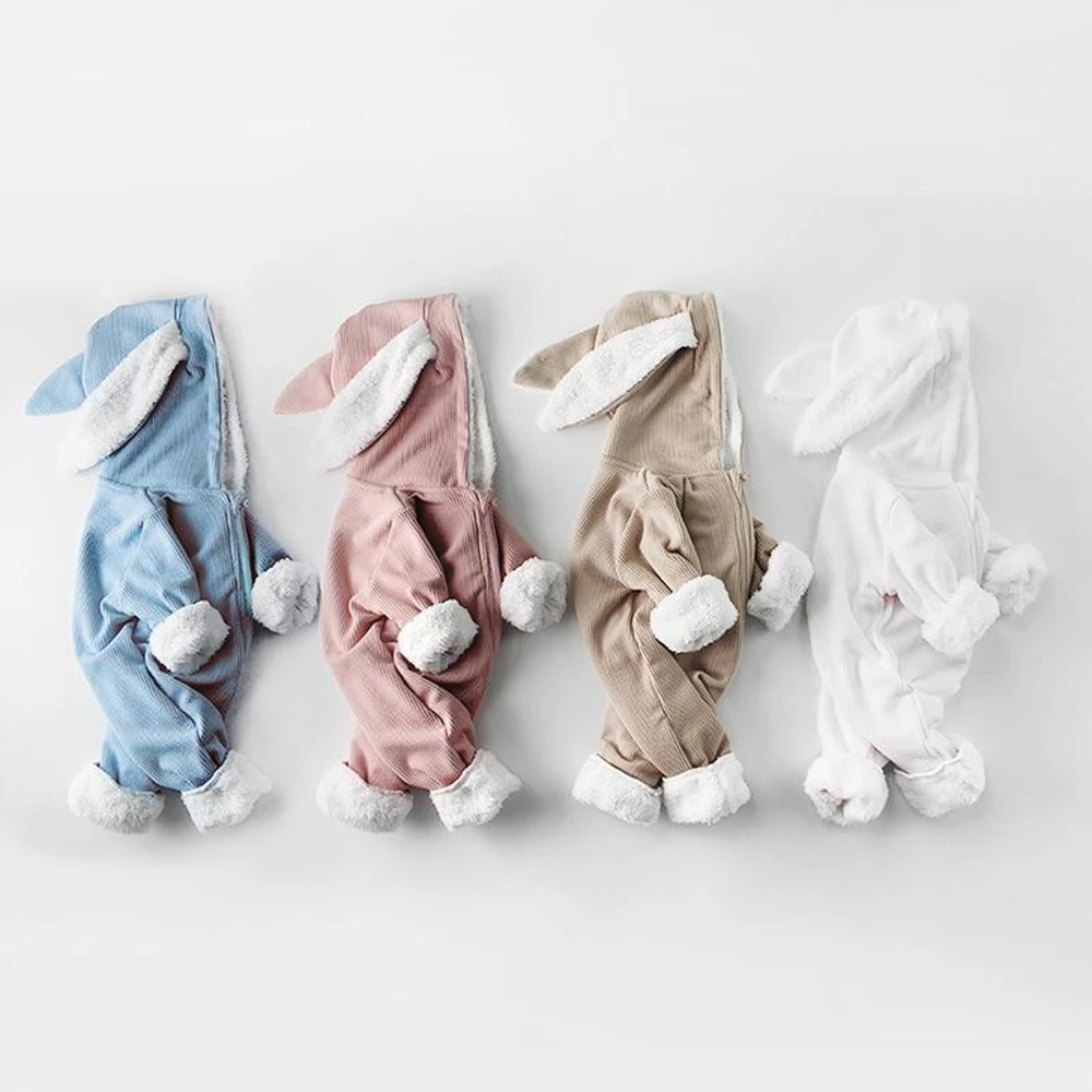 

Winter Baby Rompers Newborn Boys Girls Clothes Rabbit Ear Hooded Jumpsuit infant Costume Fleece Thick Baby boys Romper pajamas