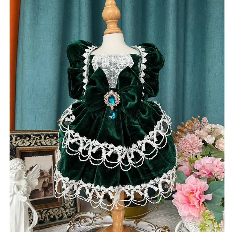 

Retro Original Royal Blue Golden Velvet Pet Handmade Dog Clothes Autumn Winter Warm Cute Princess Dresses For Small Medium Dog