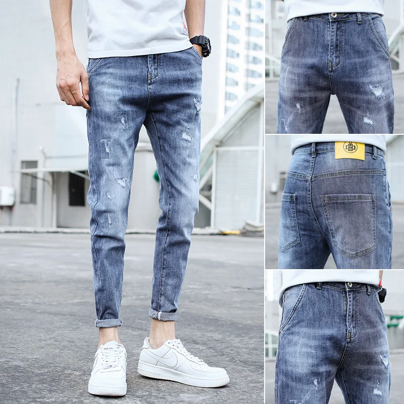 

Spring Autumn 2022 Denim Jeans Men's Fashion Korean Casual Holes Slim Feet Light-colored Ankle Length Teenagers Trousers