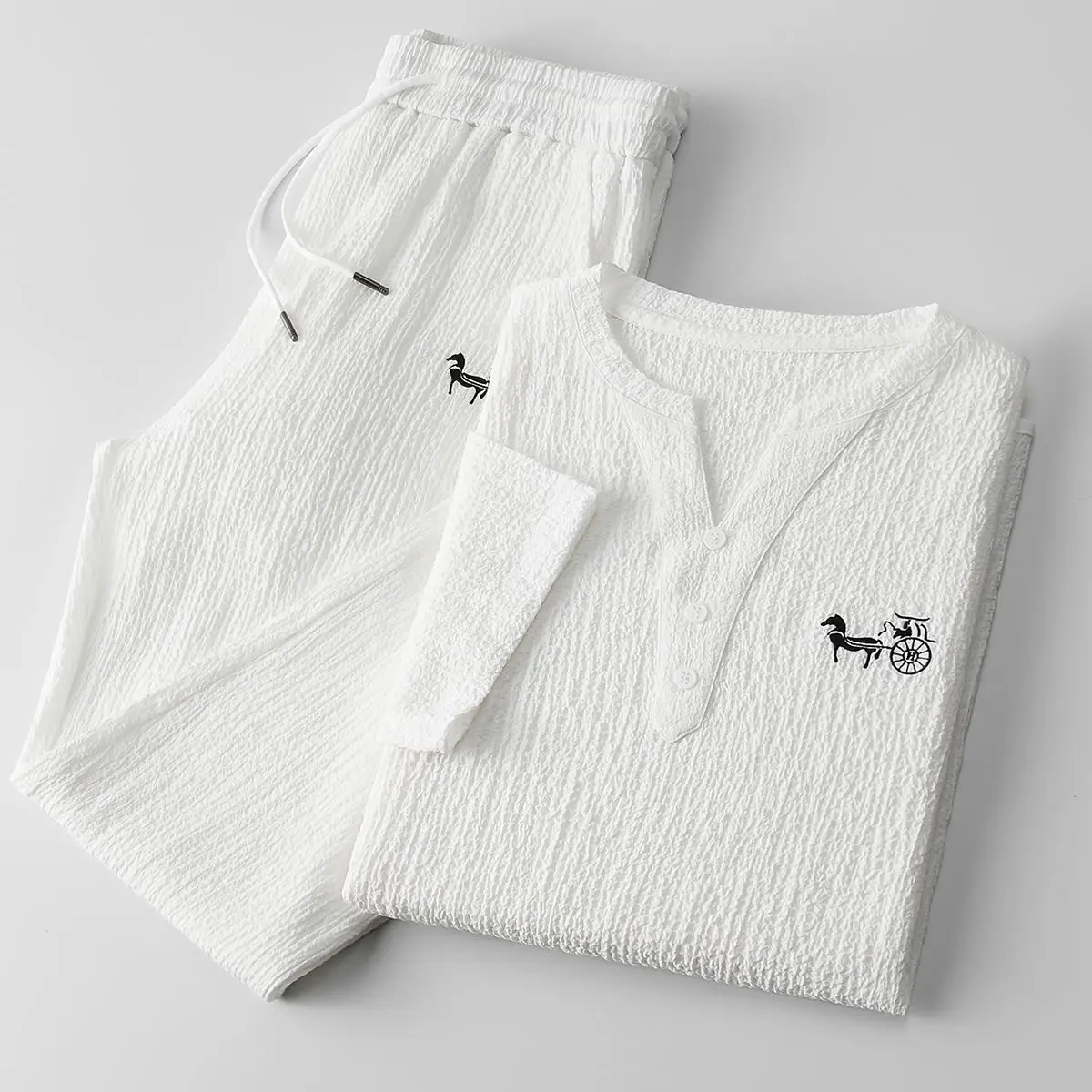 2023 Chinese Style Summer High-End V-neck Embroidery Suit Light Luxury Thin Mature Ice Silk Men's Two-Piece Suit Mens Clothes