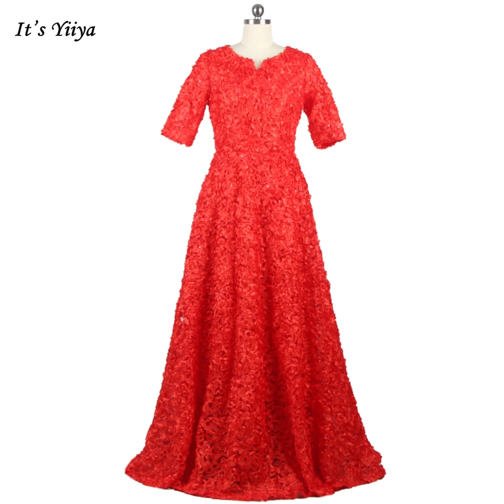 

It's YiiYa Party Dress Red Floral V-neck Short Sleeves Zipper Back A-line Pleat Floor Length Plus size Evening Dresses YS018