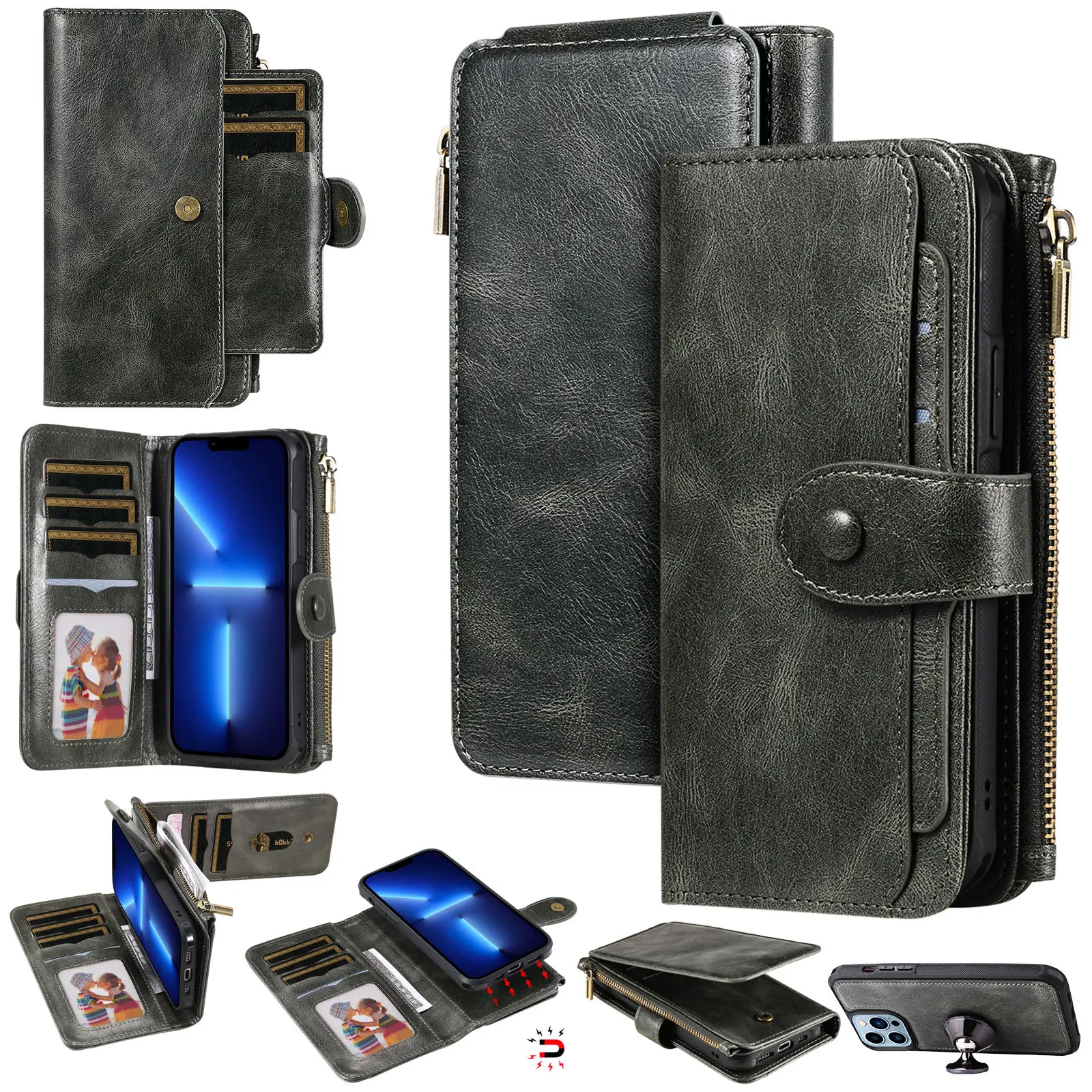 

2 в 1 съемный магнитный чехол-кошелек для iPhone 15 14 13 12 11 Pro Max с держателем для карт, застежкой-молнией, карманом и откидной крышкой