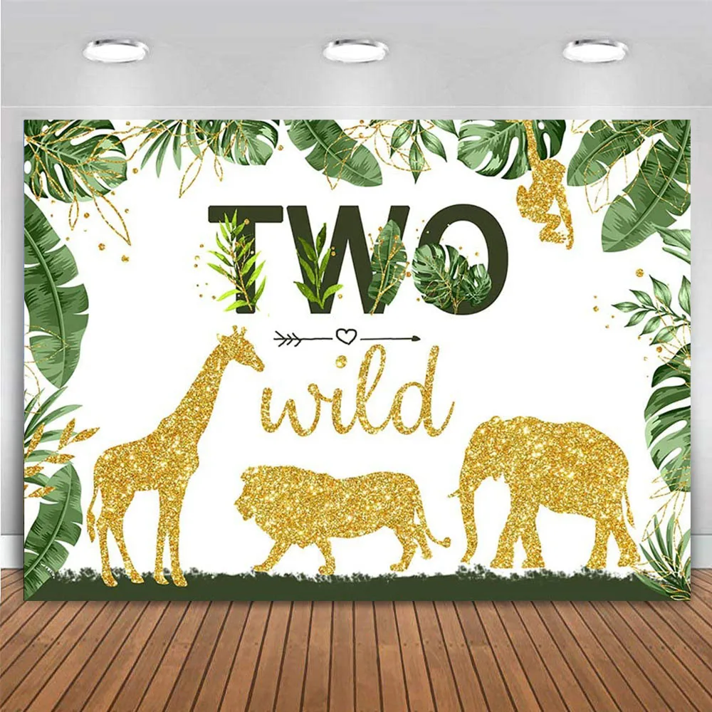 

Two Wild 2nd Birthday Backdrop Jungle Safari Gold Animals Background Tropical Leaves Boy Girl Second Bday Party Decor 2 Year Old
