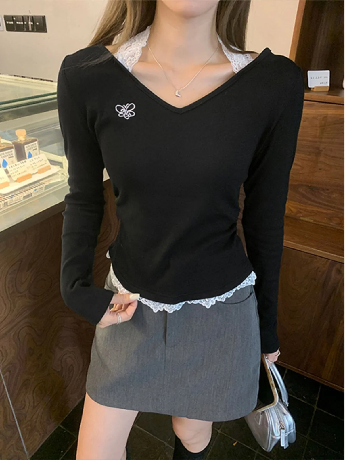 Plus Size Unique Beautiful Small Top Spring and Autumn Pure Desire Lace Hanging Neck Fake Two Pieces Long sleeve Black Waist ...