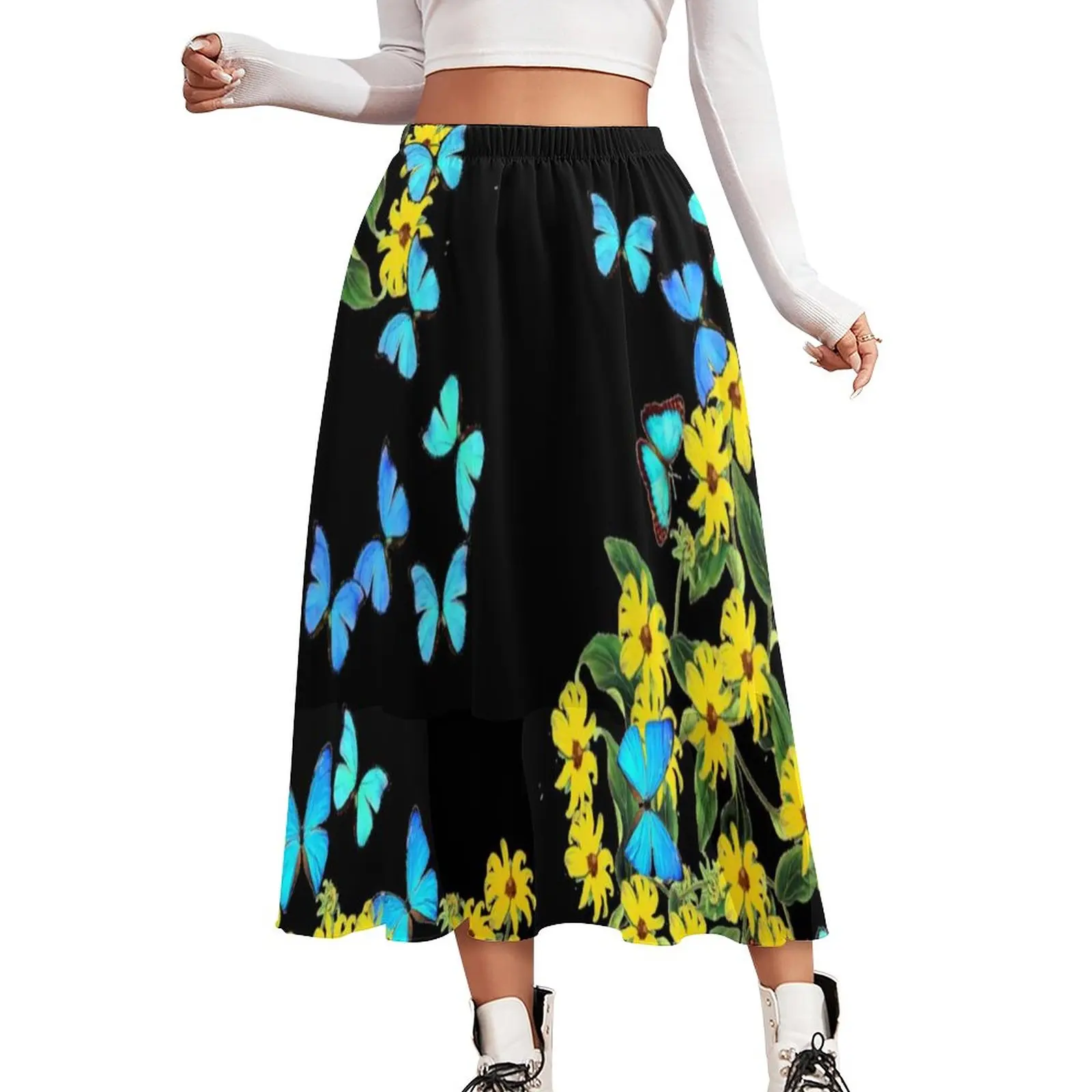 

Morpho Butterfly Floral Skirt Blue Butterflies Vintage Cute Boho Skirts Female Print A-line Skirt Aesthetic Clothes Big Size 4XL