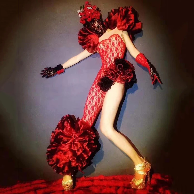 

Club women gogo Red lace Jumpsuit Stretch Dance Headdress Outfit Female Singer Evening Party Bodysuit