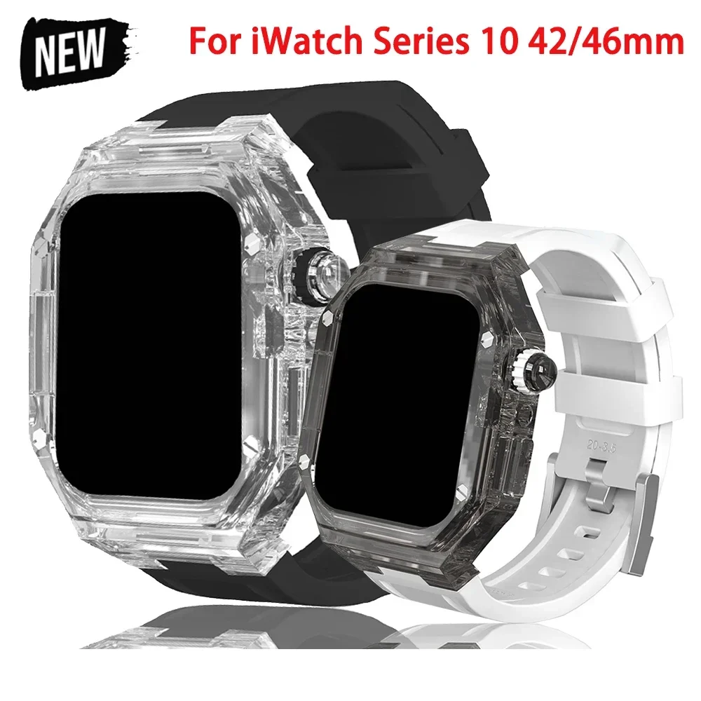 Фото Прозрачный комплект модификации, ремешок для ПК для Apple Watch S10, 42 мм, 46 мм, модный чехол, ремешок для iWatch Series 10, силиконовый браслет №1