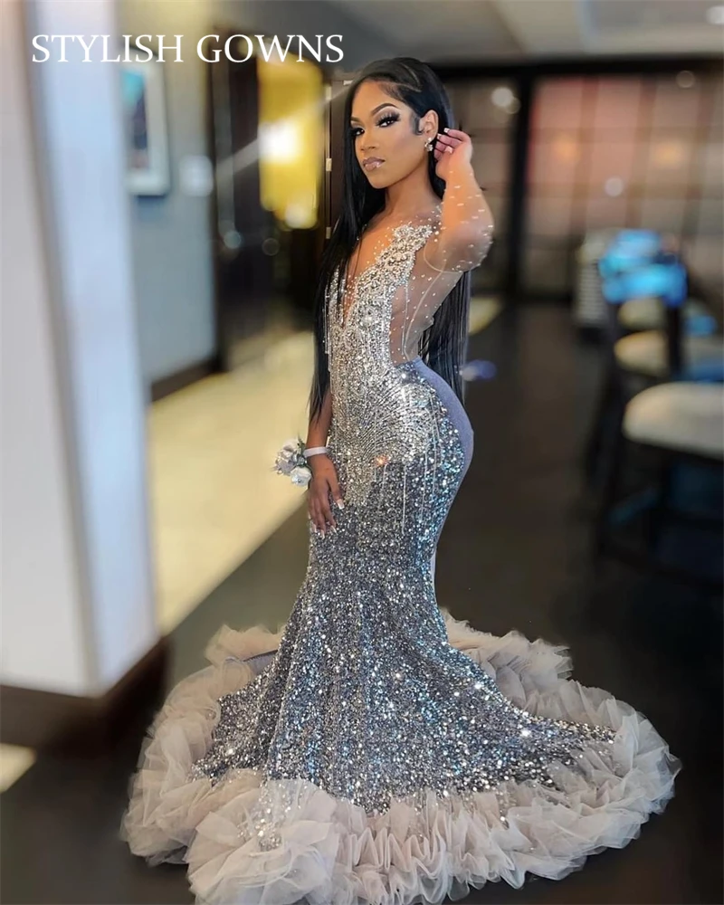 Luxury Sparkly Silver O Neck Long Prom Dress Sequined Evening Gowns Beaded Birthday Party Gown Ruffles Celebrity Dresses Robe De