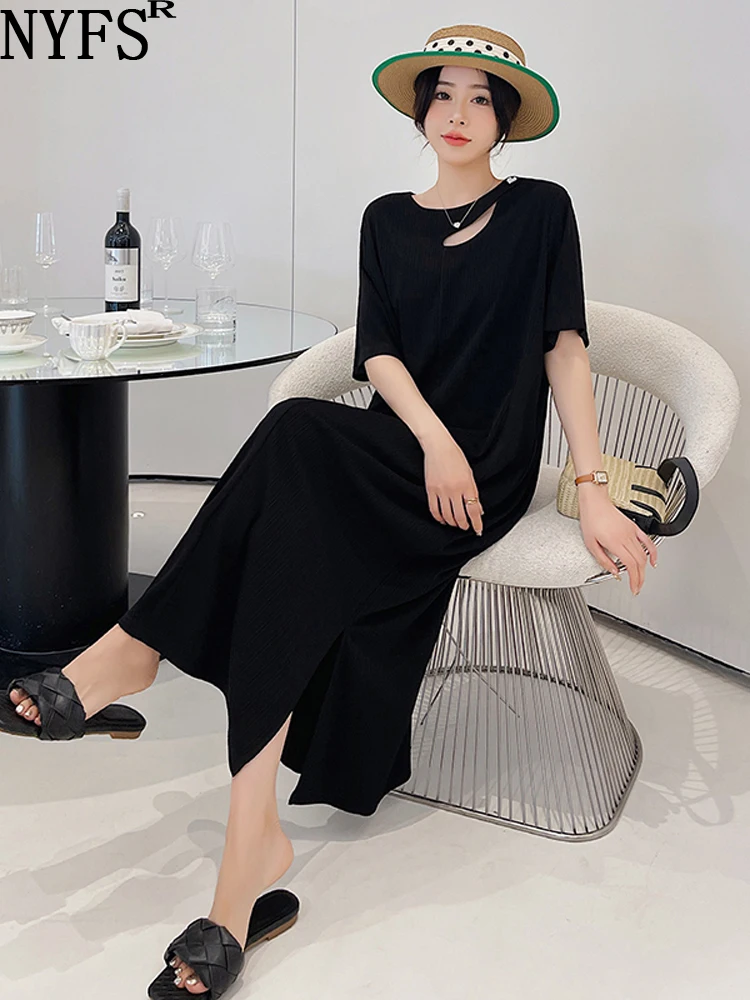 

NYFS 2023 Summer New Korea Woman Dress Vestidos Robe Ete Femme Elbise Loose Plus Size Fashion Short Sleeve Long Dresses