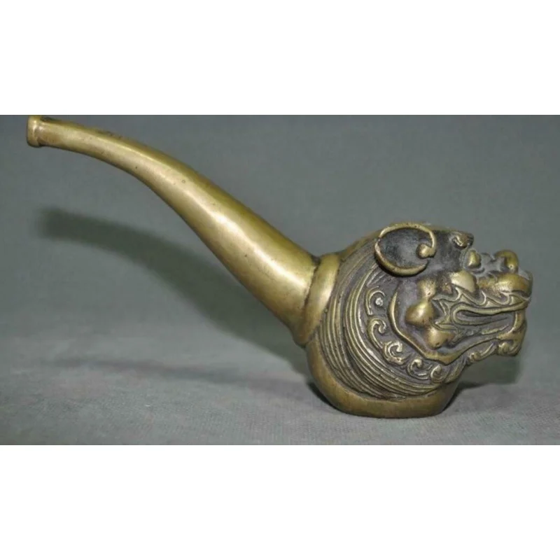 

6" Old Chinese Pure Bronze Foo Dog Beast Head Tobacco Bag Pipe Smoking Tool