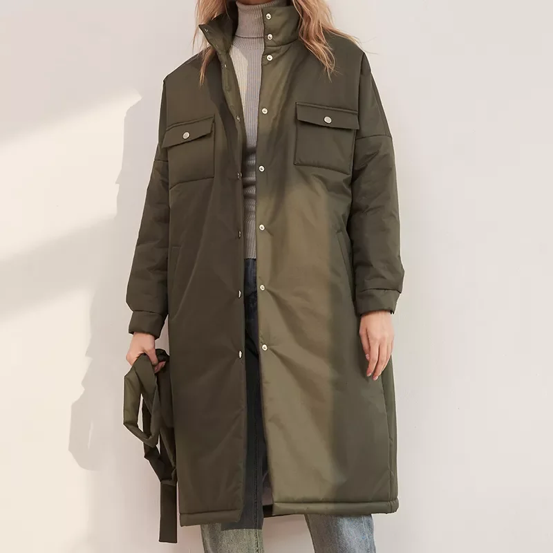 New2022 Spring Single Breasted Parkas Women Fashion Stand Collar Coat Women Solid Tie Belt Simple Cotton Jackets Female Ladies