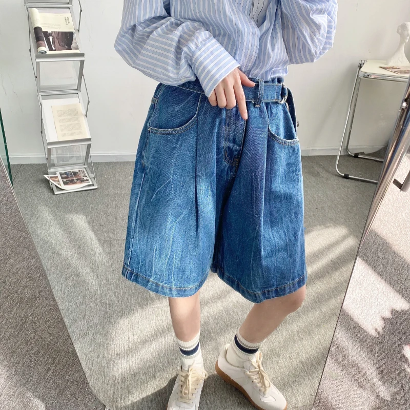 Japanese Retro Straight Denim Shorts Men And Women Neutral Loose Tide Brand Wide-leg Belt Tooling Men Five-point Pants