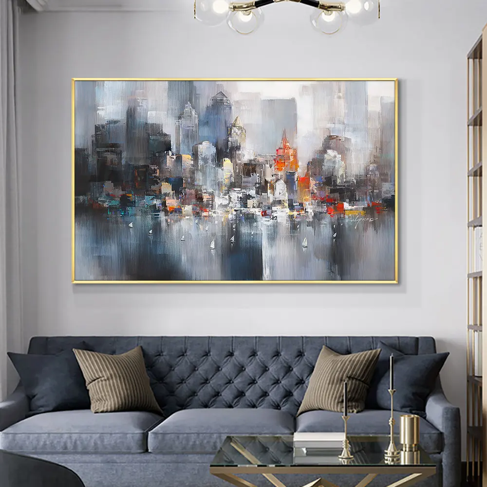 

Картина маслом на холсте ручной работы, абстрактные городские здания, настенные картины ручной работы, картины для украшения интерьера офиса и дома