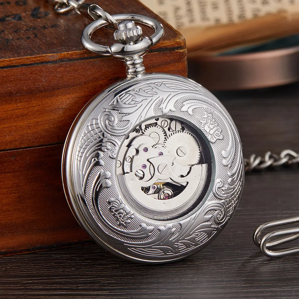 Vintage Retro Mechanical Pocket Watch Sliver Old Train Carved Engraved Watch Bronze Fob Chain Necklace Hand Winding Men Women