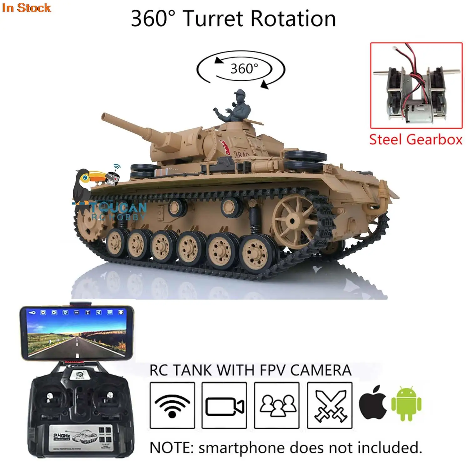 

HENG LONG 1/16 7.0 Plastic Panzer III H FPV Camera RC Tank 3849 Painted Yellow Metal Steel Gearbox 360° Turret Track TH17365