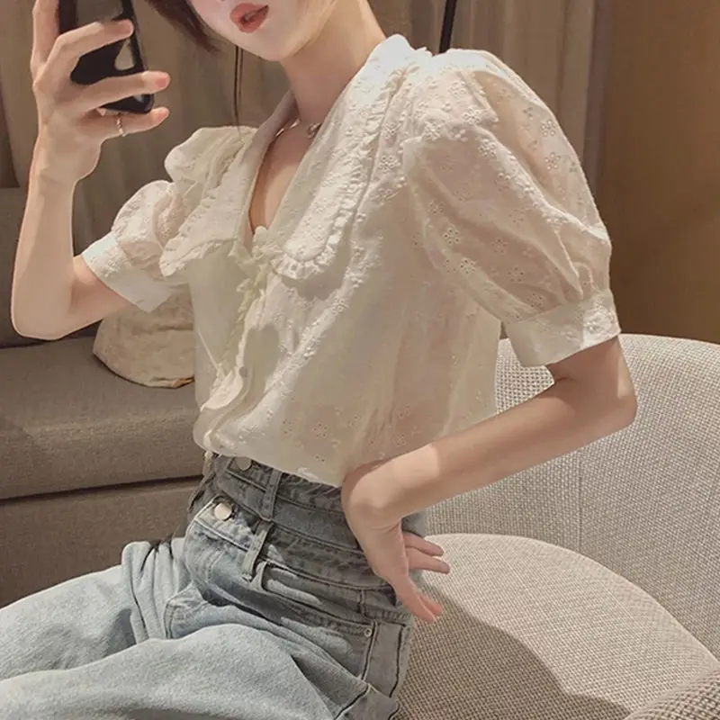 

2023 Blusas De Mujer Sweet Peter Pan Collar Summer Blouses Tops Puff Sleeve Hollow Out Shirts Fashion Korean Tunic White Shirts