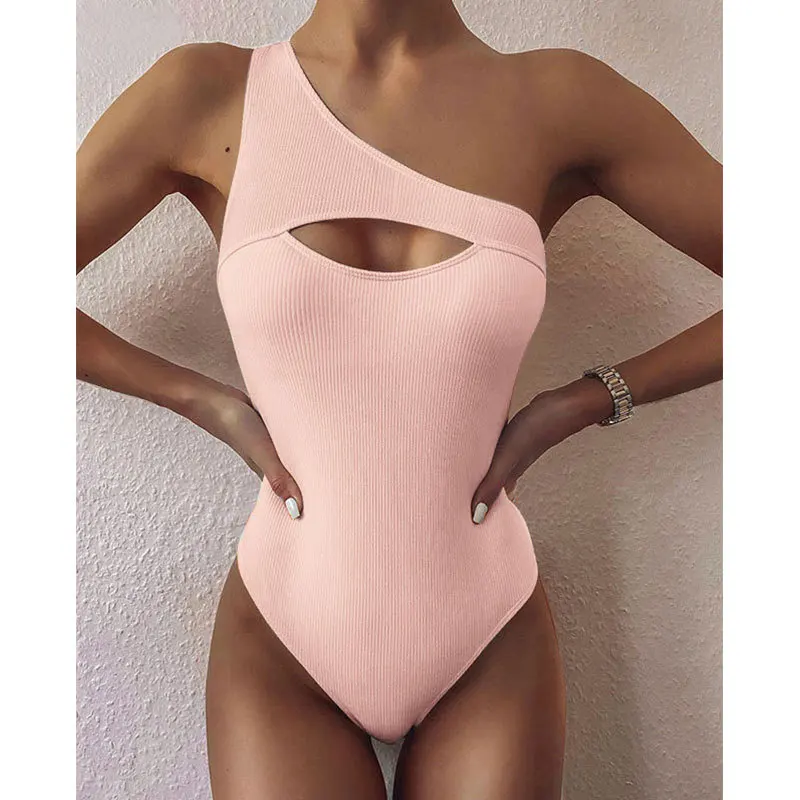 One-shoulder Solid Hollow Out Swimsuit Bodysuit Sexy Slim Fit Swimwear Push Up Padded Beachwear For Ladies