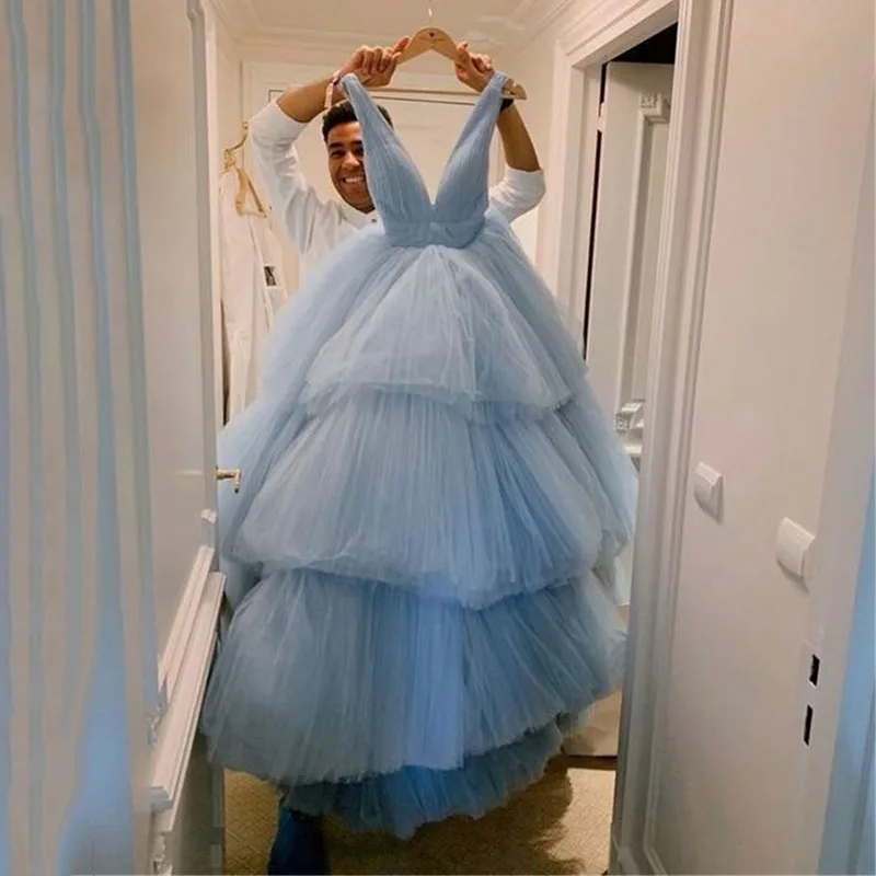 

Smileven Baby Blue Prom Dress V Neck Tulle Ruffles Evening Dress Saudi Arabia Sleeveless Party Gowns 2023