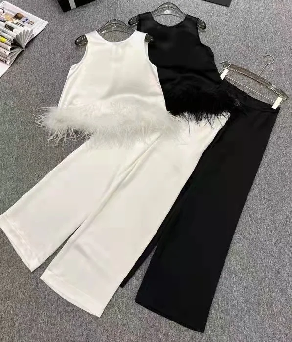 

Tops Fashion Women's Set 2023 Summer 2 Piece Pant Suit Ladies Tassel Feathers Deco Sleeveless Tops+Long White Black Pant Sets