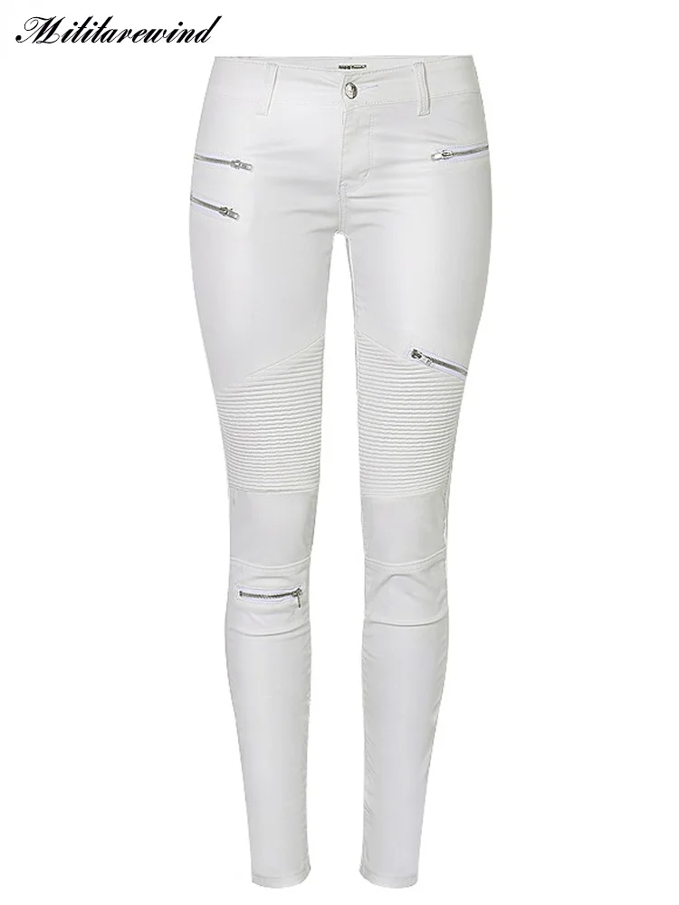 

Stretch Fake Zippers White Denim Trousers Women Low Waist Imitation PU Leather Pants Women Moto Biker Skinny Pencil Pants Femme