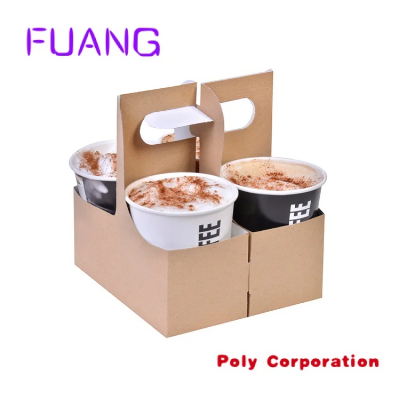 Customized Takeaway Hot Drink Cardboard Papercup Carrier With Handle Disposable Kraft Bubble Tea Coffee To Go Paper Cup Holder