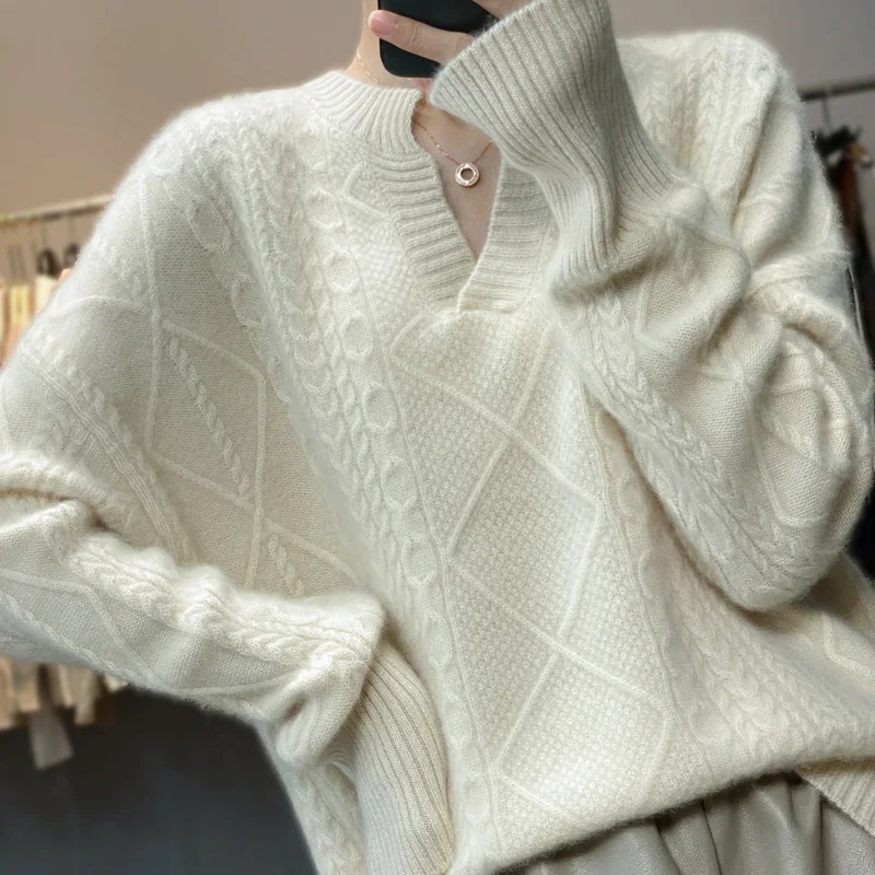 Fall/Winter 100% Pure Wool Sweater Casual Solid V-Neck Knitwear Thickened Women's Tops Loose Cashmere Pullover Overside Blouse