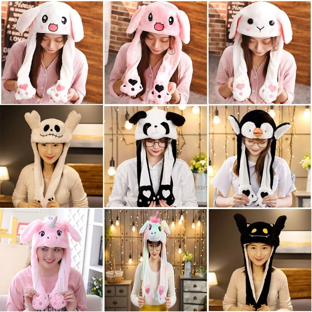 Cute Bunny Ears Hat Moving Rabbit Soft Jumping Up Cap Funny Toy Girls Cartoon Kawaii Peluche Cappello Giocattoli Regalo Per Bambini Adulti