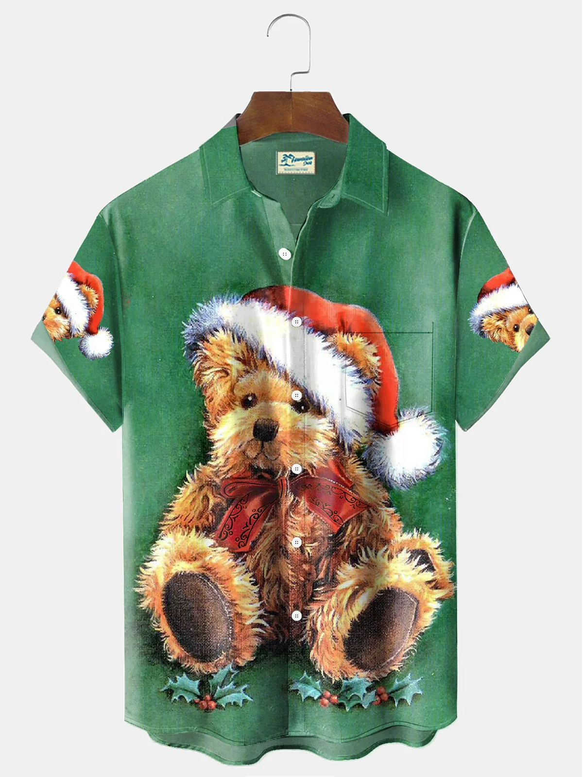 Christmas men's short-sleeved lapel shirt 3d printed bear with hat print casual comfortable fashion as a gift