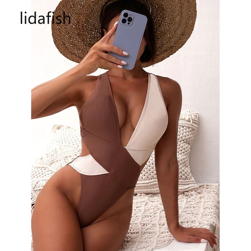 lidafish Sexy High Waist Bodysuit Bikini Patchwork One Piece Swimming Suit for Women V-neck Beach Monokini Bathing Suit
