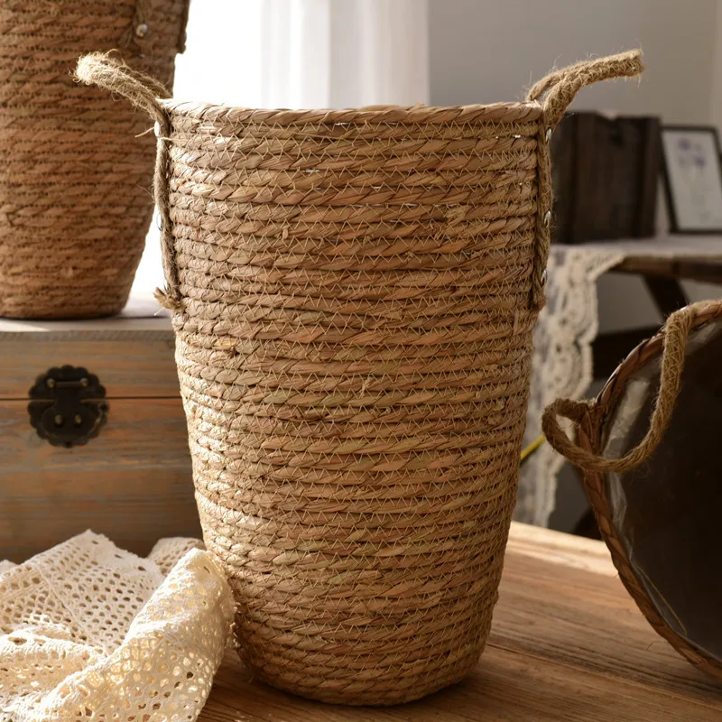 

Seagrass Laundry Handmade Basket Rattan Decorative Cloth Straw Basket Plant Storage Woven Straw Planter Flowerpot Basket
