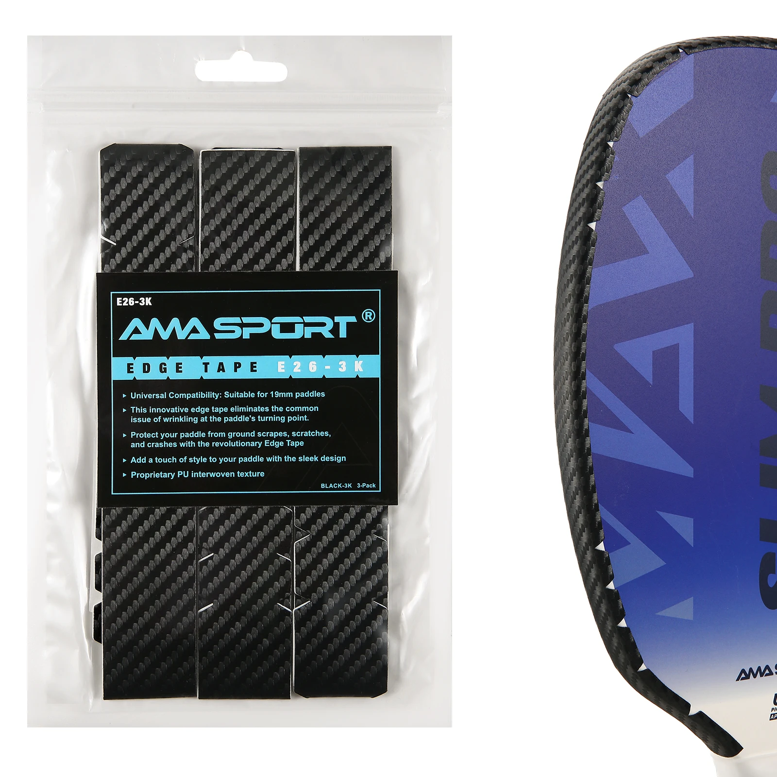 Фото Лента для защиты края ракетки AMASPORT Pickleball Paddle Edge Tape 3K PU с переплетенной текстурой, подходит для изогнутых краев, 20/23/26 мм, защитные ленты для края ракетки. №1