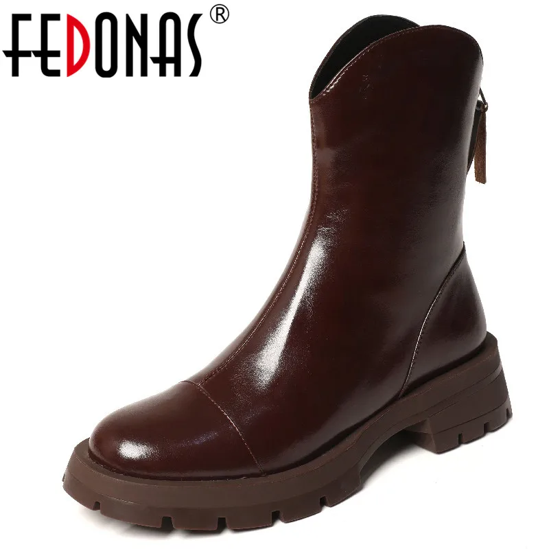 

Женские ботильоны в стиле ретро FEDONAS, повседневные ботильоны из натуральной кожи на толстом каблуке с круглым носком и молнией сзади на осен...