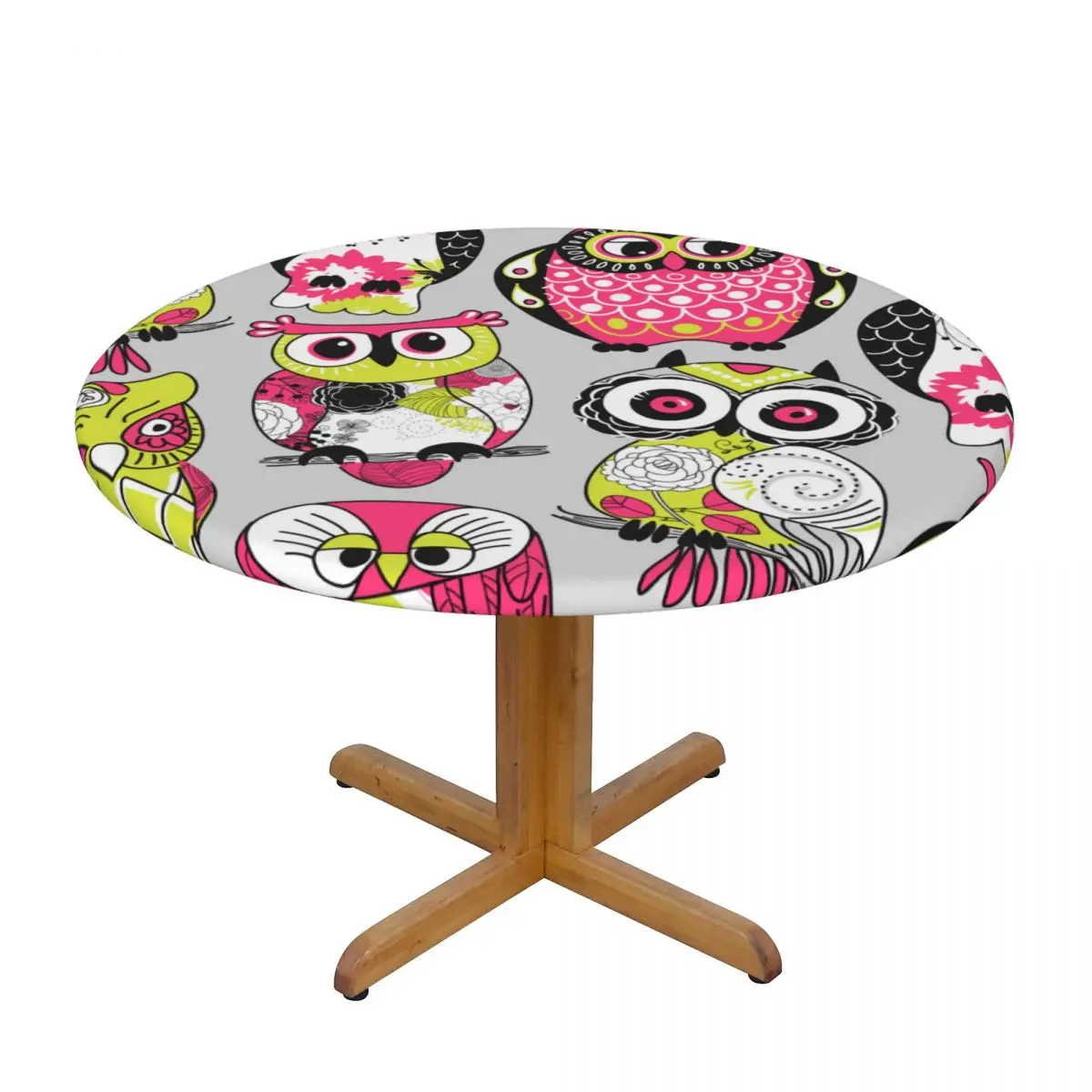 

Colourful Owl Pattern Waterproof Polyester Round Tablecloth Catering Fitted Table Cover with Elastic Edged