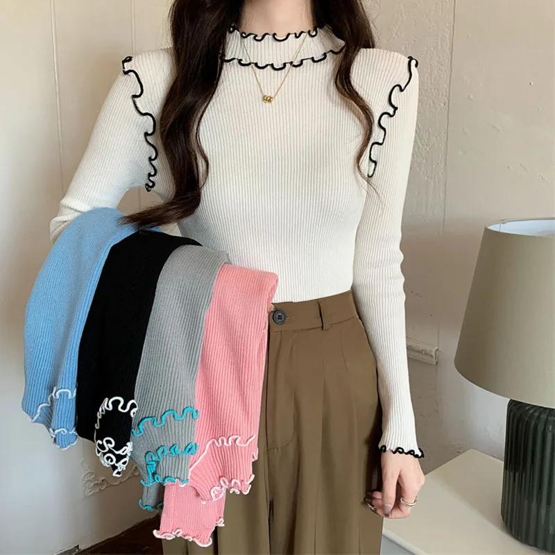 

Lucyever Autumn Winter Slim Fit Knitted Women Sweaters Korean Chic Ruffles Long Sleeve Knitwear All-Match Stretch Knit Pullovers