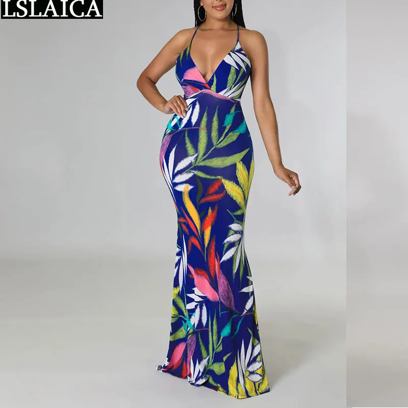 

Sexy Backless Dresses Women Spaghetti Strap Deep V Neck Maxi Dress Fashion Floral Print Summer Holiday Beach Bodycon Sundress