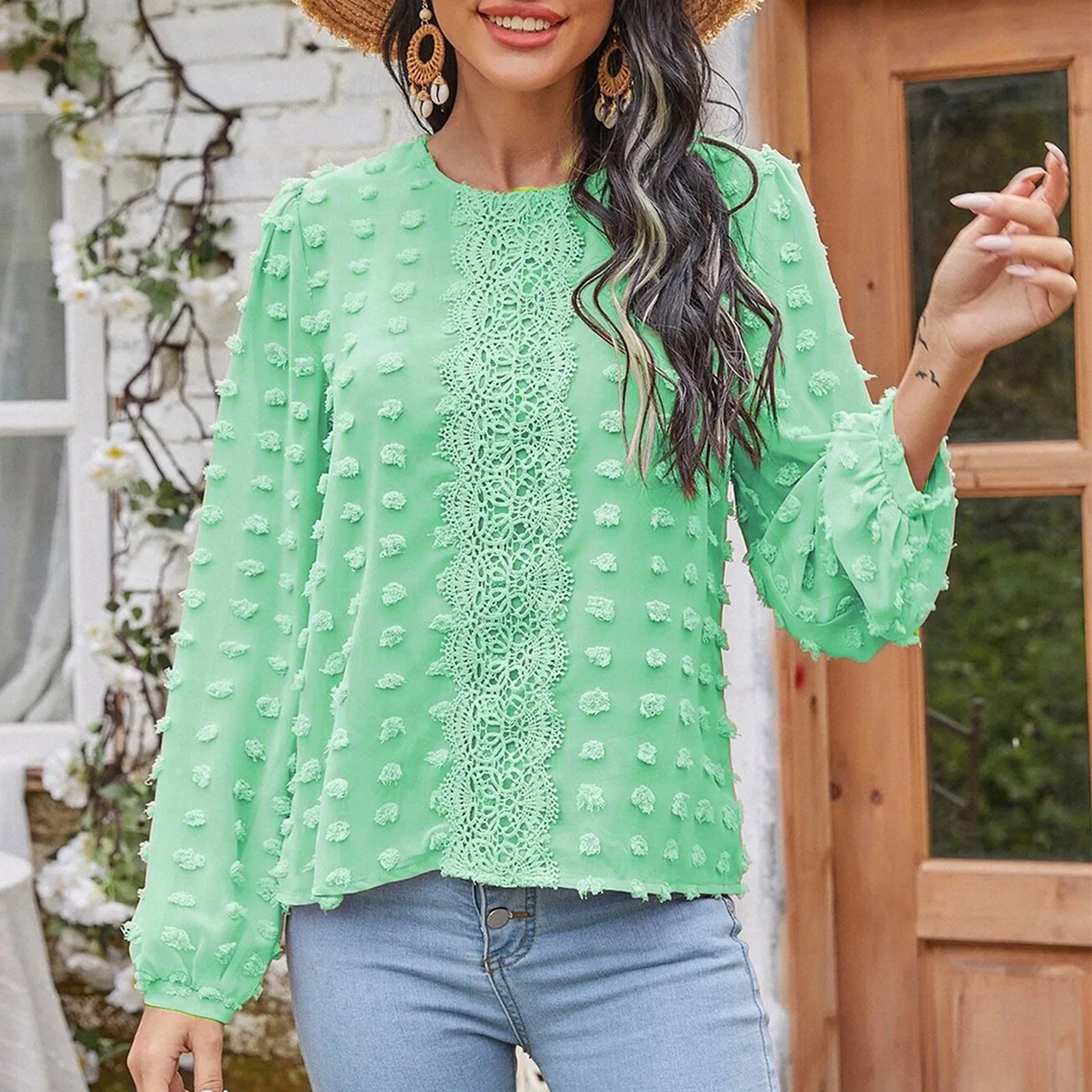 

Womens Crew Neck Shirts Long Sleeve Blouse Button Down Duds Long Sleeve Undershirt Womens Smocked Top Fashion Trends Women