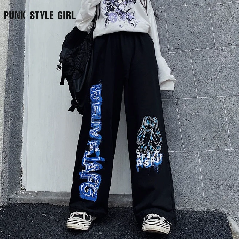 

Kpop Anime Print Wide Leg Pants Women Harajuku Cyber Punk Alt Jogging Kpop Y2k Emo Sweatpants Baggy Korean Joggers Trousers 2022