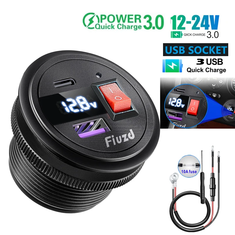 

Автомобильная USB-розетка 12 В, алюминиевая розетка Quick Charge 3.0, 12 В, USB-розетка для мотоцикла со светодиодным вольтметром, кнопочный переключатель