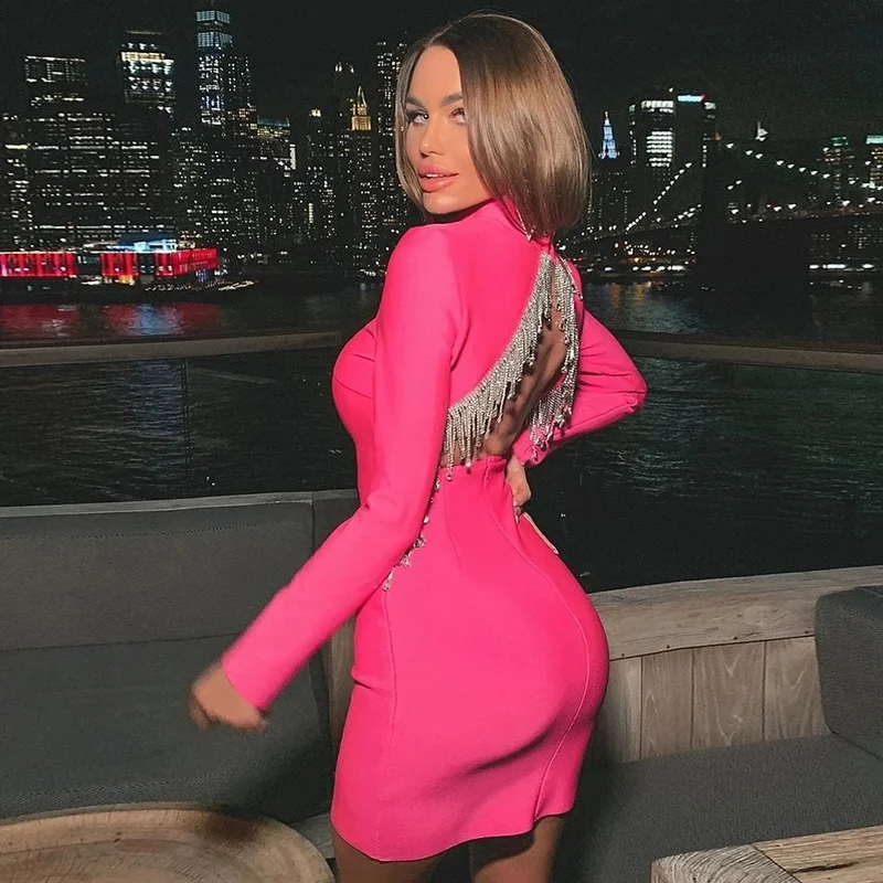 Черное женское Бандажное платье высокого качества с высоким воротником и