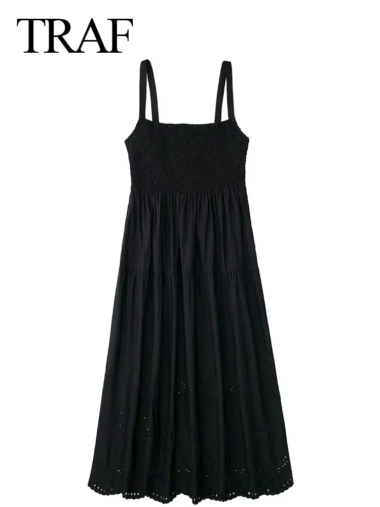 

TRAF Summer Women Sling Dress Solid Black Elastic Chest One Word Collar Sleeveless Backless Stitching Hollow Slim Sexy Dress