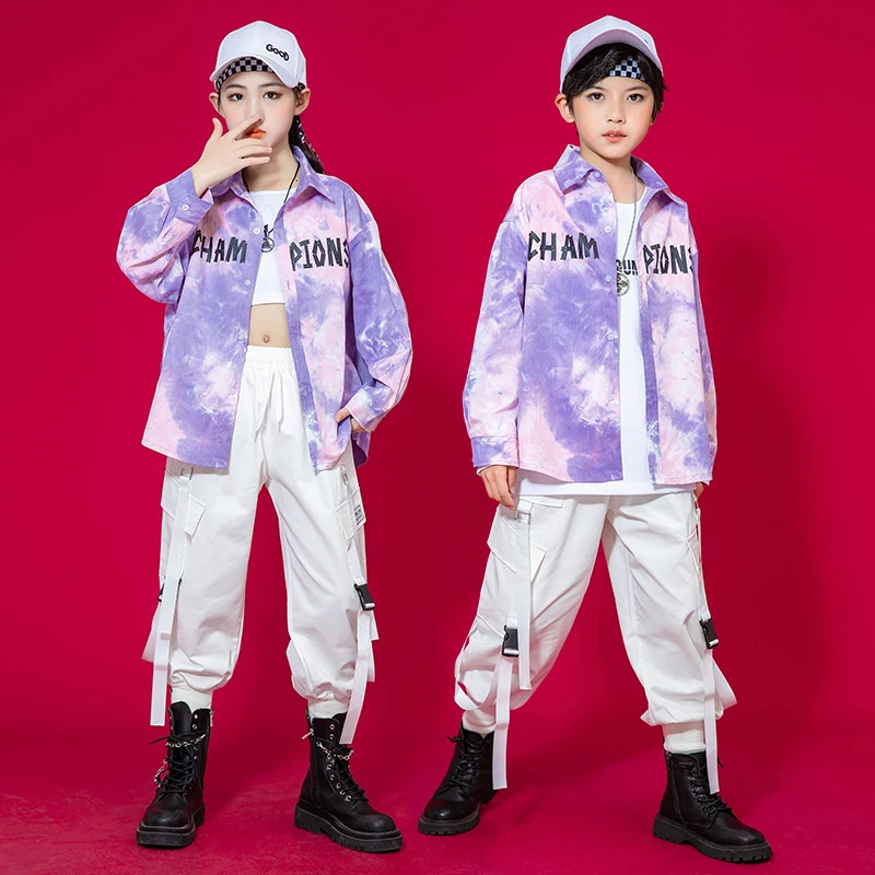 

Детский костюм для шоу в стиле K-POP, одежда в стиле хип-хоп, рубашка с принтом Tie Dye, белая уличная одежда, шаровары-карго для девочек и мальчиков, костюм для джазовых танцев