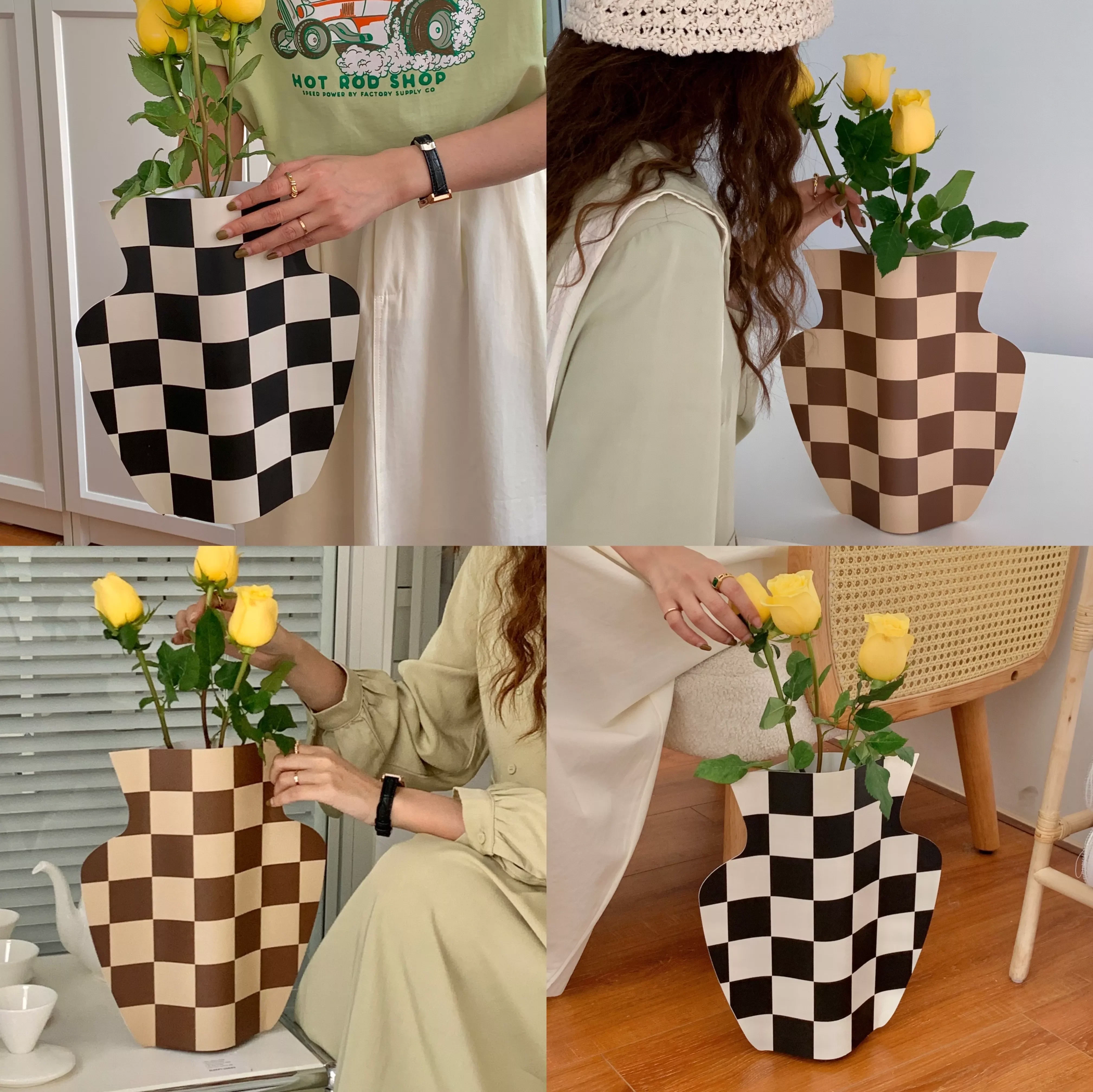 

NEW2023 Medieval Desktop Decoration Large Vase Checkerboard Vase Paper Cover Ornaments Flowers Flower Arrangement Ornaments Hous