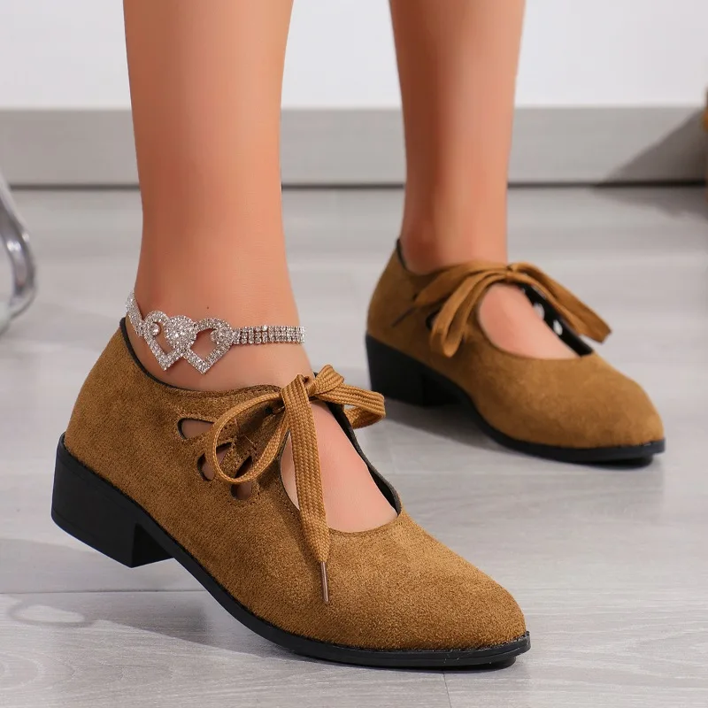 Новые осенние женские туфли-лодочки на шнуровке с низким берцем для женщин