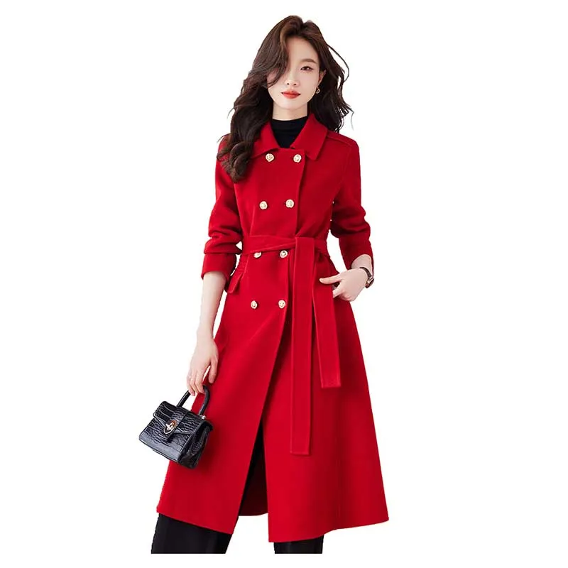

Double-sided Cashmere Wool Coat With Belt High End Trench Jacket Women's Long New Autumn Winter Double Breasted Woolen Coat