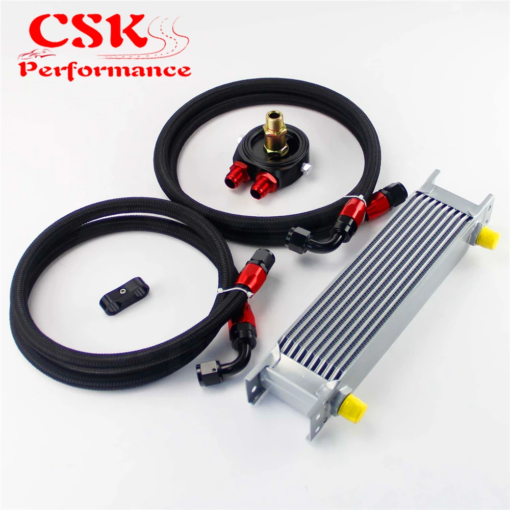 

AN8 10 Row 248mm Universal Engine Transmission Oil Cooler British Type + Aluminum Filter Hose End Kit Silver