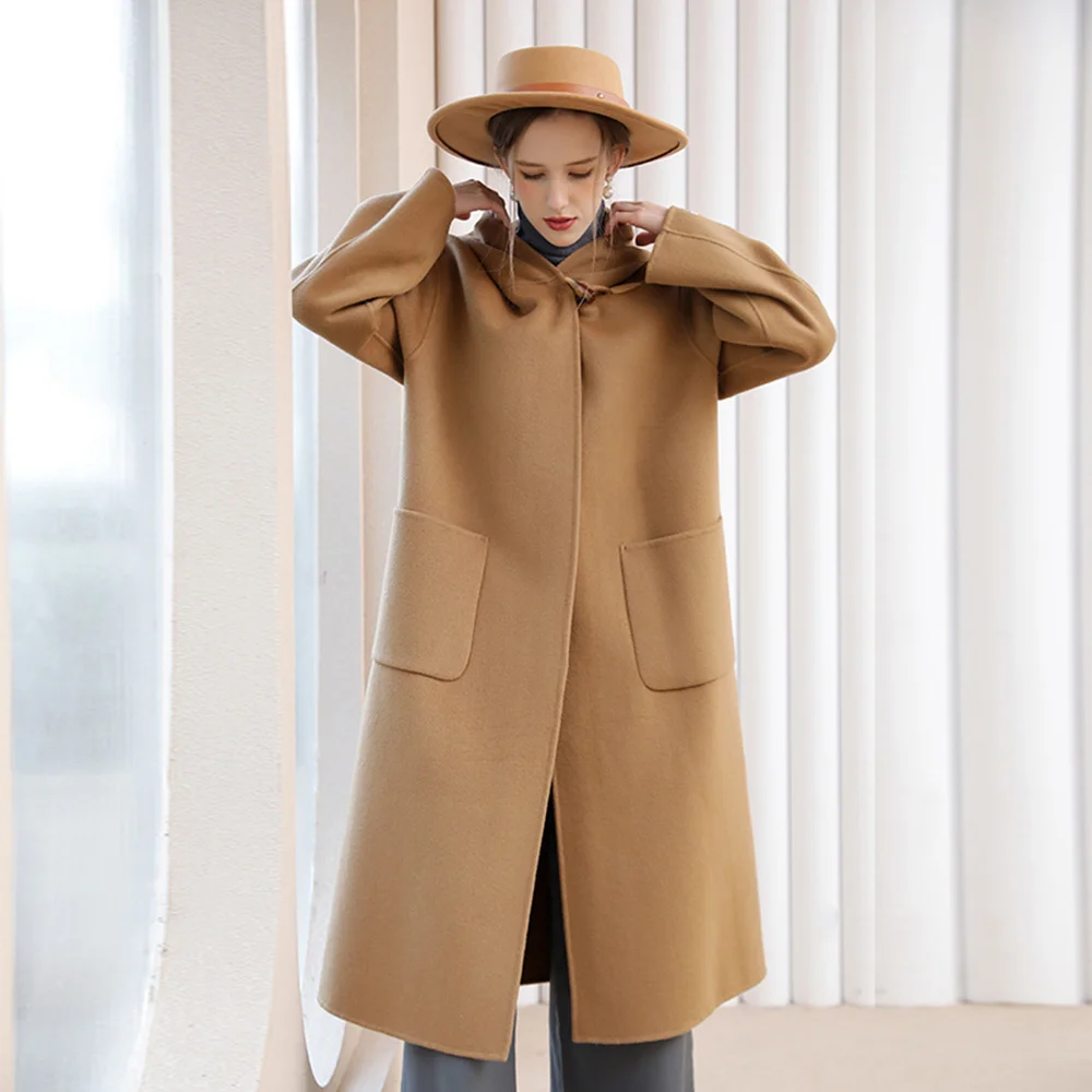 

Women Double-faced Wool New Overcoat Autumn Winter Elegant Hooded Horn Button Warm Cashmere Coat Loose Outerwear Camel Female
