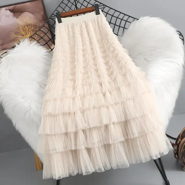 

Solid Color Ankle Length Tulle Skirt Women Elastic High Waisted Summer A Line Casual Female Pleated Mesh Cake Vestidos M72