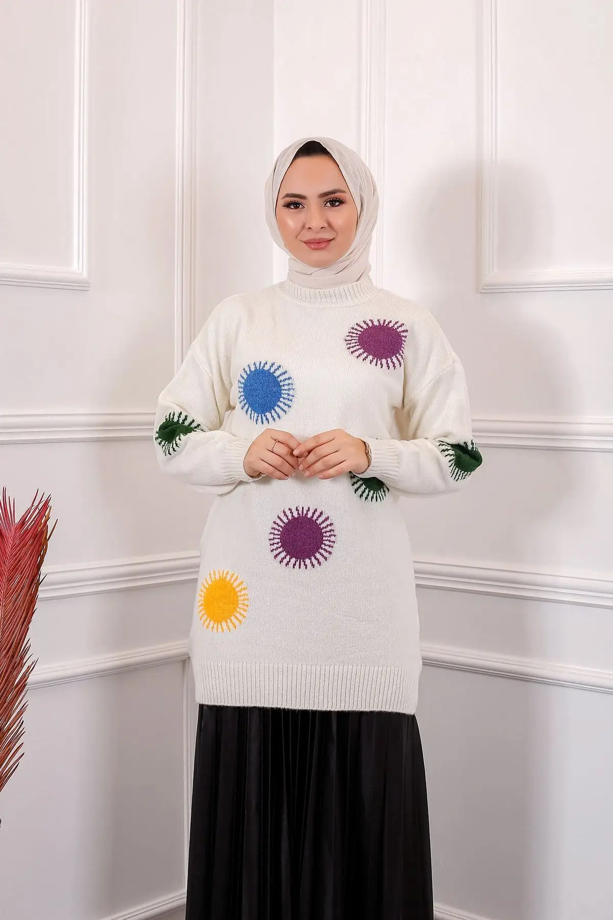 

Patterned Tunic Sweater Ecru 7842 21 FWTRT7842 Women Muslim Sweater