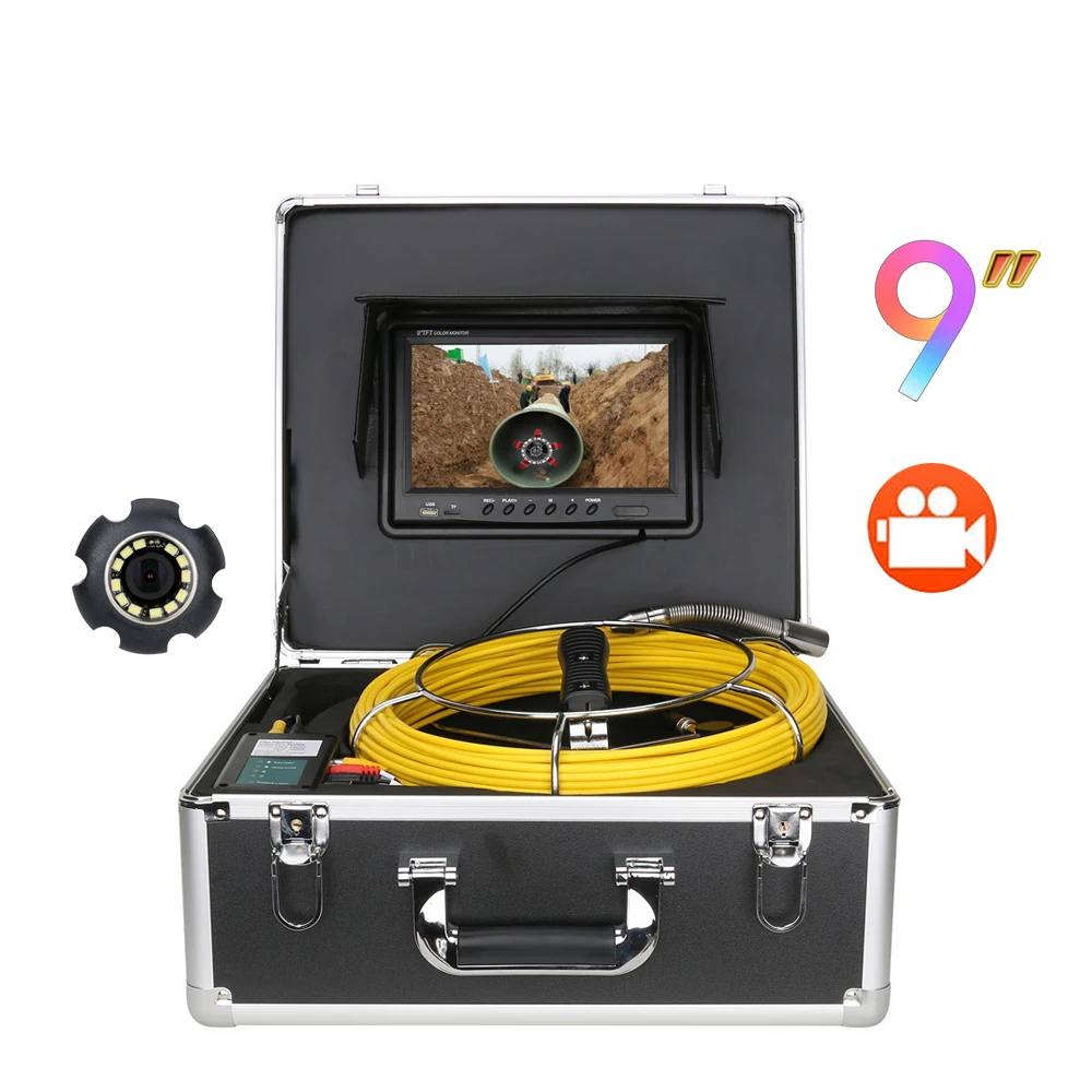 

9" Monitor DVR 20M 30M 40M 50M Sewer Pipe Inspection Video Camera with 512HZ Pipe Locator 22MM IP68 HD 1000TVL 12PCS LED Lights